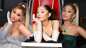 Ariana Grande 身穿三套華麗服裝，戴白色手套，在紅色椅子前擺姿勢。