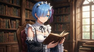 藍髮動漫女僕在陽光充足的圖書館裡閱讀一本書。 — Re:從零開始的異世界生活 壁紙