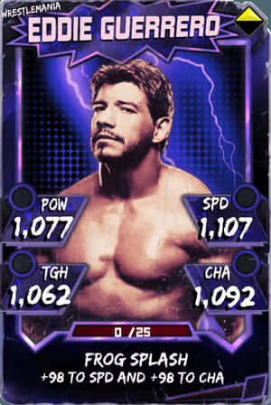 摔角手 Eddie Guerrero 在紫色遊戲卡上，帶有統計數據和閃電效果。