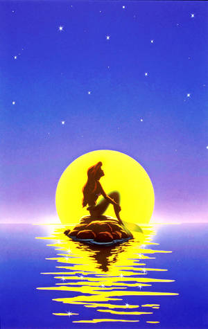 夜晚，美人魚剪影在岩石上，在發光的月亮和星星下。