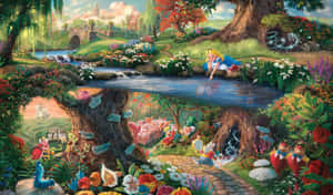 愛麗絲在河邊休息，身處一個魔法森林，一棵裂開的樹露出仙境的場景。