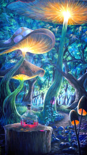 在一個魔法森林中，一個發光的「喝我」瓶子，伴隨著巨大的蘑菇和陽光爆發。