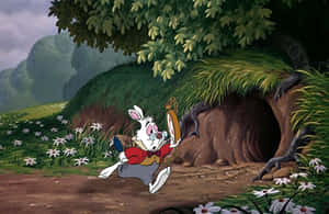 白兔穿紅色背心，拿著懷錶，在草洞附近奔跑。