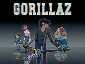 四個動畫Gorillaz樂隊成員結他手在深色反光舞台上。