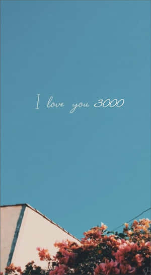 藍天配粉紅色花同手寫文字 I love you 3000。
