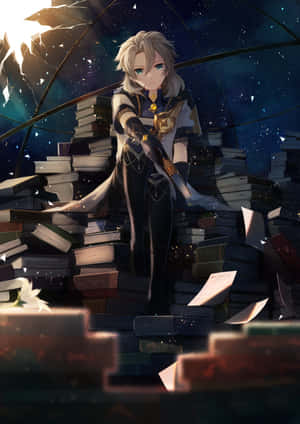 動漫戰士在繁星夜空下，手持劍立於高聳書堆之間。 — OnePlus Pad 壁紙