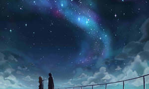 兩個動漫角色欣賞有宇宙漩渦和雲彩的星空夜空。