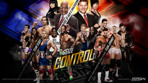 WWE摔角手和評論員為帶有「Seize Control」文字的宣傳海報擺姿勢。