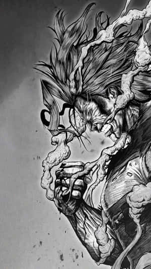 一個肌肉發達、頭髮狂野的男人，握緊拳頭噴出煙霧，正在尖叫。