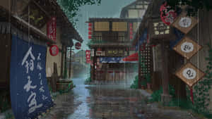 一條下雨的日本街道，有木造建築和發光的燈籠。