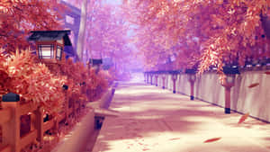 一條寧靜的秋日步道，有粉紅色楓樹和燈籠。