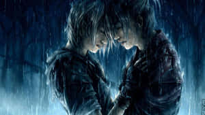 兩人在黑暗森林樹冠下於雨中擁抱。 — 雨 壁紙