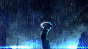 白發動漫女孩在夜間都市的霓虹藍光下站在雨中。 — 雨 壁紙