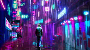 人在下雨的賽博龐克城市中走過發光的霓虹小巷 — 夜景城市 壁紙
