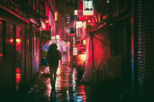 夜晚雨中霓虹小巷撐傘行走的人 — 夜晚 GIF 壁紙