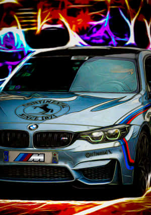風格化的銀色BMW M車，帶有霓虹火焰效果和抽象背景。