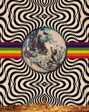 在帶有地球儀和彩虹條紋的迷幻波浪圖案下冥想的人。