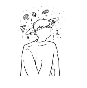 極簡線條畫中，頭頂上方漂浮著宇宙符號的人。