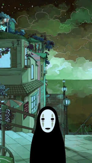 沉默的蒙面人物在夜晚站在一條寧靜的街道上，下方是繁星點點的綠色天空。