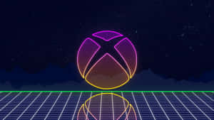 發光Xbox標誌在霓虹網格上，背景為星空夜空和山脈。