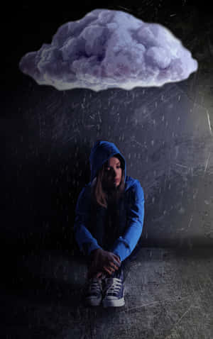 穿藍色連帽衫的人坐在黑暗小巷的雨雲下 — Galaxy Tab S9 壁紙