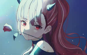 動漫女孩，惡魔角，咬著玫瑰莖，滴著血，背景是星光燦爛的夜空。