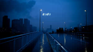 黃昏時分下雨的城市橋樑，發光的街燈和一個霓虹燈牌。
