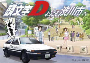 動漫場景，白色跑車和角色在日本小鎮。