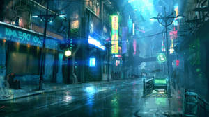 雨夜中霓虹燈照亮嘅 cyberpunk 城市街道，發光嘅招牌同濕漉漉嘅路面。