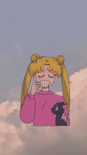 穿著粉紅色毛衣的動漫女孩在雲端與黑貓一起喝茶