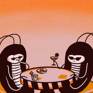 兩隻戴著太陽眼鏡的卡通蟑螂在日落時分在桌旁享用飲料。 — 氛圍 GIF 壁紙