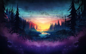 暮色中的神秘森林，有發光的河流和星空。