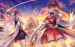 兩個穿著傳統服裝的動漫女孩，在發光的日落天空下手持劍。