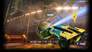 Rocket League 賽車在明亮燈光下的競技場擊中足球。 — 火箭聯盟 GIF 壁紙