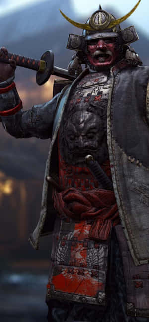 身穿精細盔甲、表情兇猛的武士手持武士刀。