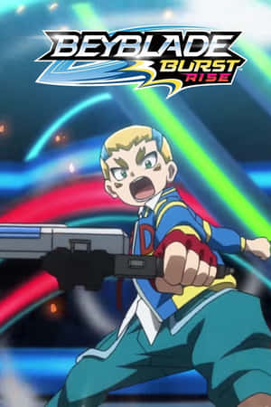 動畫男孩在身後發射帶有發光能量光束的Beyblade。