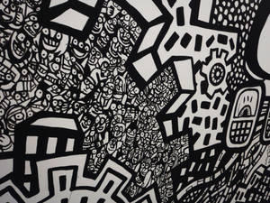 黑白抽象插圖，包含面孔、齒輪和城市形狀。