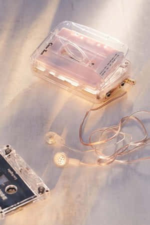 溫暖陽光下，大理石上的透明卡式錄音帶和銅色耳機。 — 音樂美學 壁紙