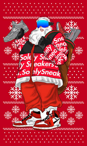 聖誕老人手持運動鞋，身穿「Solely Sneakers」毛衣，背景為紅色雪花。