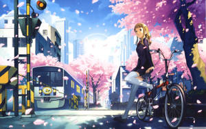 動畫女孩在櫻花下踩單車，火車穿過城市街道。
