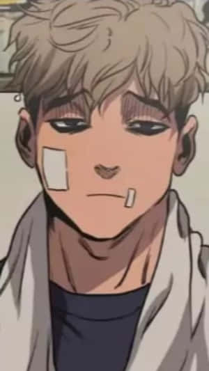 年輕的動漫男孩，臉上纏著繃帶，低頭露出悲傷的表情。