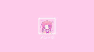 粉紅髮動漫女孩戴口罩，白色相框，粉紅背景。 — 粉紅動漫美學 壁紙