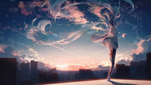動漫少女在夕陽下的城市屋頂上跳舞，帶有魔法發光效果和漂浮的花朵。