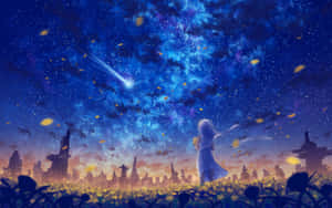 動漫女孩在田野中觀看流星在星空藍天中。 — 可愛動漫 壁紙