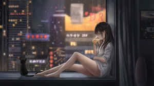 女人和貓在雨夜的城市窗邊喝茶。