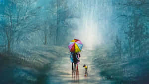 情侶與小狗在彩虹傘下於雨林中散步。