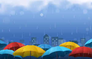 彩色雨傘在陰天下的雨城中為人們遮風擋雨。