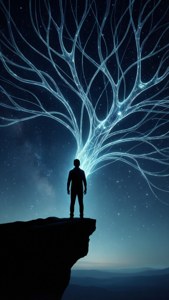 一個人站在懸崖上，發光樹下，背景是繁星點點的夜空