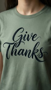 穿著綠色T恤的人，上面有黑色草書的「Give Thanks」。