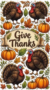 四隻火雞、南瓜和樹葉圍繞著感恩節的 Give Thanks 橫幅
